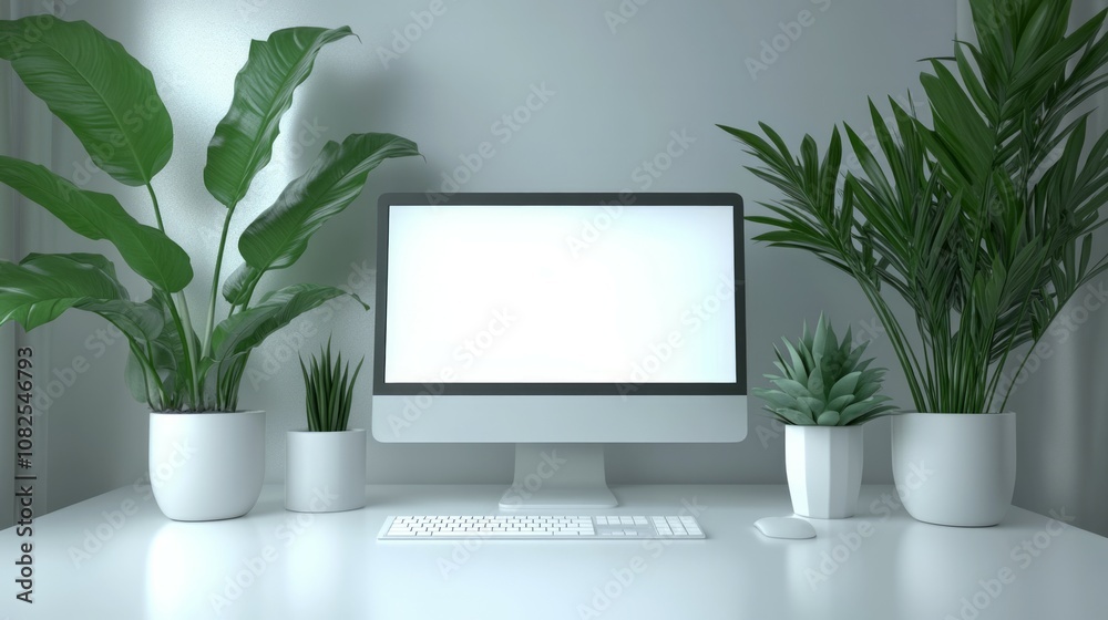 A modern home office or private office with a white-screen computer mockup on a table