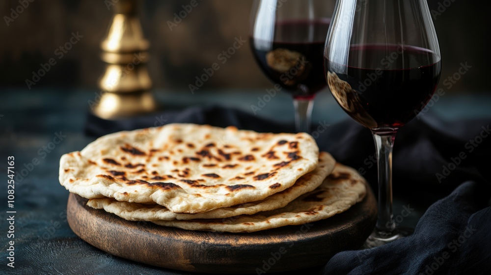 Traditional Jewish flatbread served with a glass of dark red wine on a rustic wooden table, garnished with fresh herbs. The minimalist background enhances the warm, inviting atmosphere of the scene Traditional Jewish flatbread served with a glass of dark red wine on a rustic wooden table, garnished with fresh herbs. The minimalist background enhances the warm, inviting atmosphere of the scene