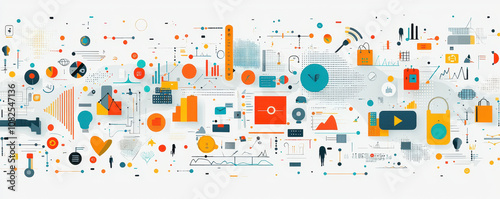 Captivating visualization of marketing concepts with colorful graphics, charts, and icons representing data analysis, social media, and technology trends
