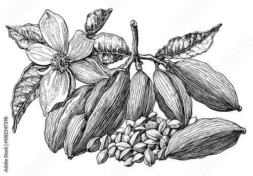 Isolated botanical sketch of cardamom plant.
