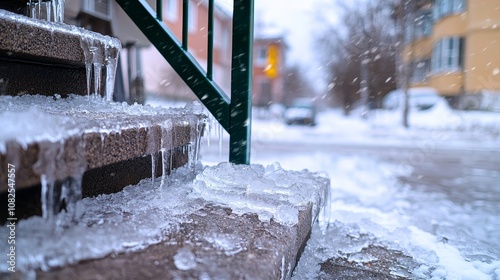 Freezing rain ice roads, A close-up of icy stairs with water droplets, showcasing winter conditions and the effects of melting ice on a city sidewalk.