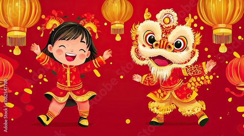 Waist-up portrait of a joyful Chinese boy and girl dancing in a traditional Lion and Dragon Dance, both wearing vibrant red and gold costumes with intricate embroidery. generative ai