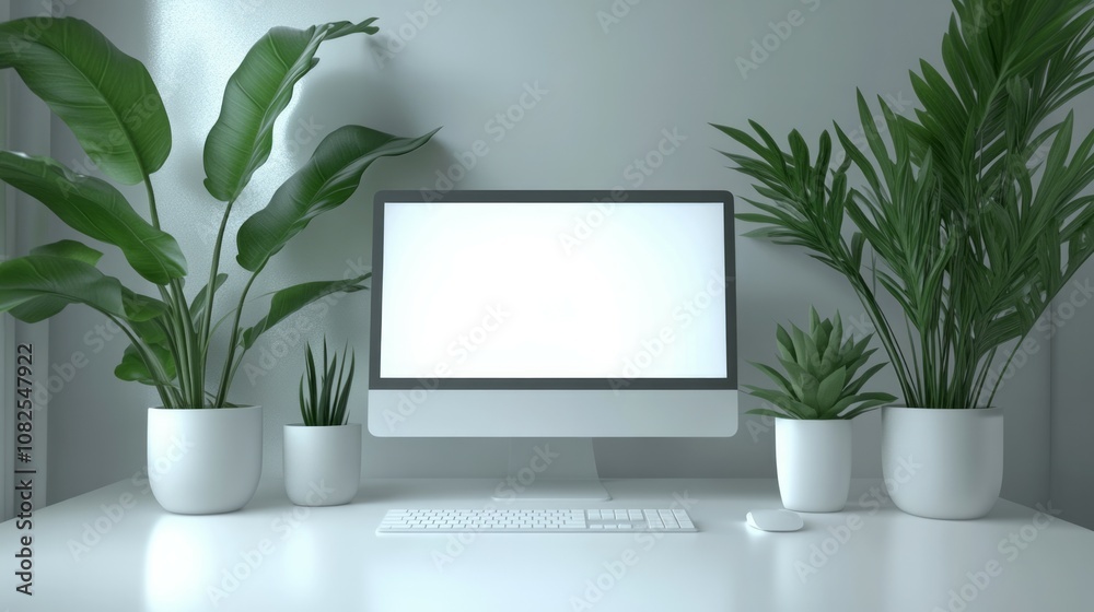 A modern home office or private office with a white-screen computer mockup on a table A modern home office or private office with a white-screen computer mockup on a table