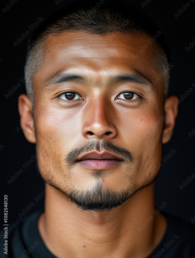 Fototapeta premium Portrait of a young Mongolian man with a beard with a thoughtful expression, soft studio lighting on a dark background