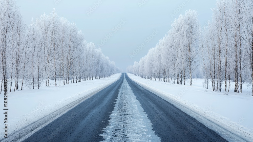 Freezing rain ice roads, A serene winter scene featuring a snow-covered road flanked by frost-laden trees, creating a tranquil, picturesque atmosphere. Freezing rain ice roads, A serene winter scene featuring a snow-covered road flanked by frost-laden trees, creating a tranquil, picturesque atmosphere.