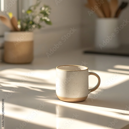 A White Ceramic Mug with a Brown Rim on a White Countertop with Sunlight Streaming Through a Window