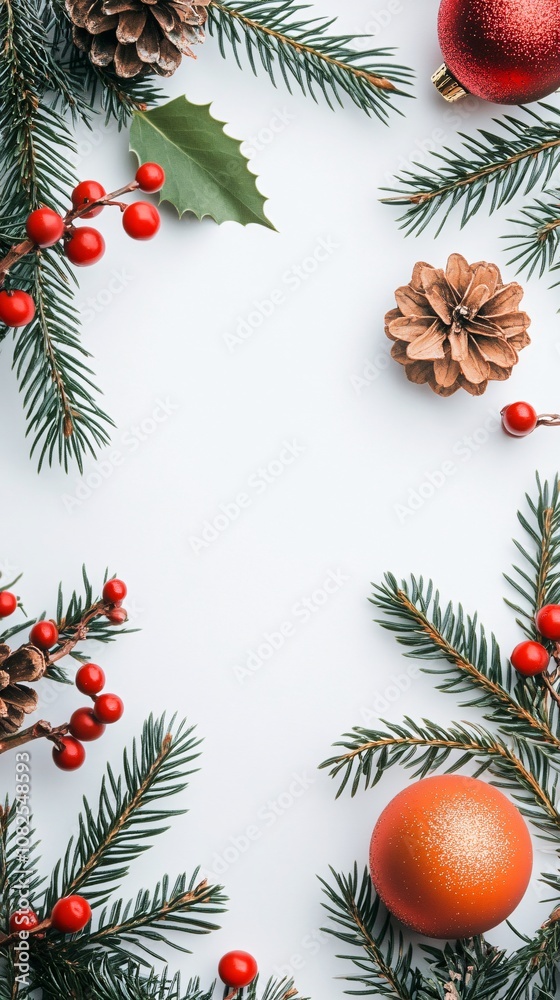 Christmas border made of fir branches, red berries, pine cones and baubles creating a festive frame Christmas border made of fir branches, red berries, pine cones and baubles creating a festive frame