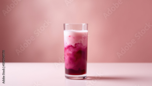 Pink matcha beverage with ice cubes served on a white surface.