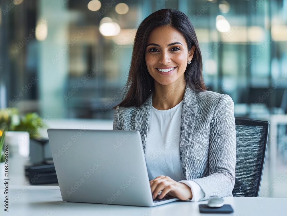 A confident professional woman working on her laptop in a modern office during daylight hours A confident professional woman working on her laptop in a modern office during daylight hours