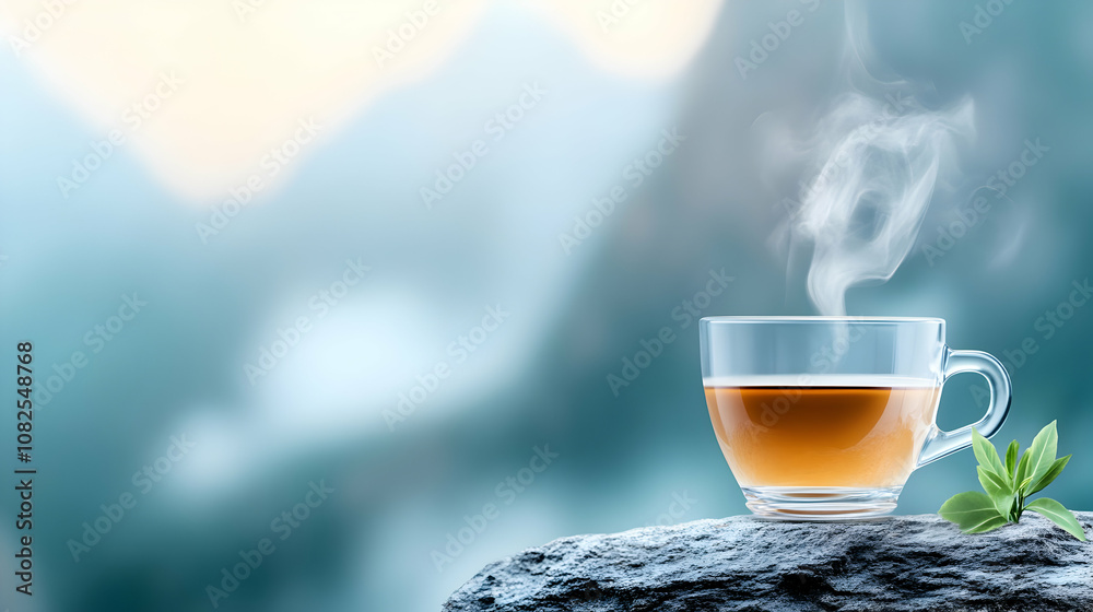 Lifestyle image with a receiver Black drip glass coffee cup on a rock and clouds and mountains full of agricultural terraces and coffee farms in southern Saudi Arabia A picture that does not deserve Lifestyle image with a receiver Black drip glass coffee cup on a rock and clouds and mountains full of agricultural terraces and coffee farms in southern Saudi Arabia A picture that does not deserve