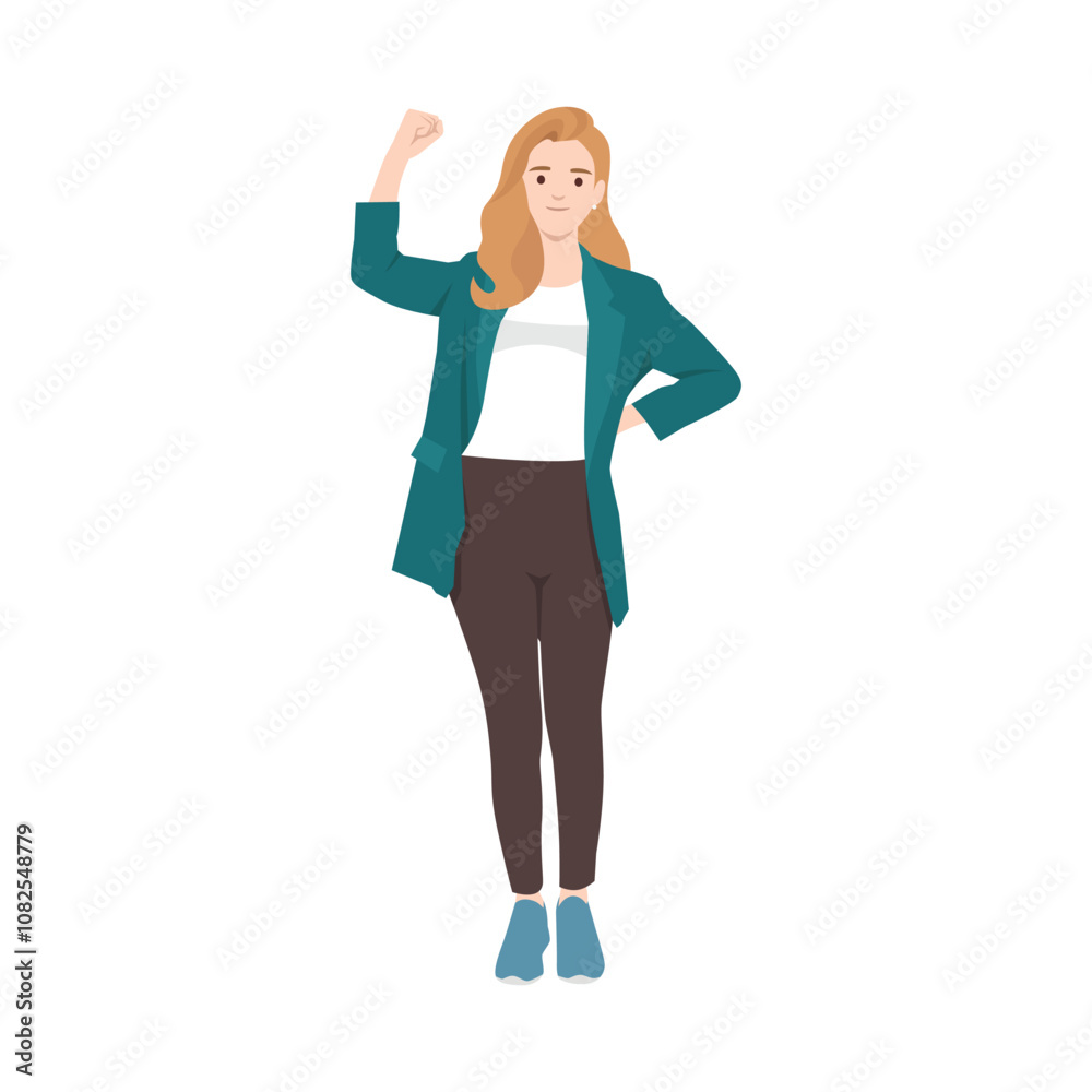 Young woman showing success gesture with raised hand fist. Flat vector illustration isolated on white background Young woman showing success gesture with raised hand fist. Flat vector illustration isolated on white background