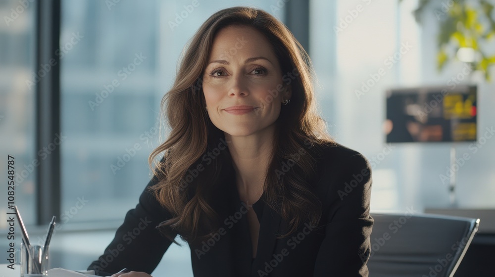A professional women in her 40s, sitting confidently at a modern desk in a sleek office A professional women in her 40s, sitting confidently at a modern desk in a sleek office