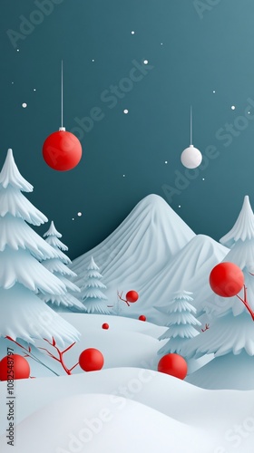 Christmas ornaments hanging over snowy mountains and pine trees: festive winter wonderland scene photo