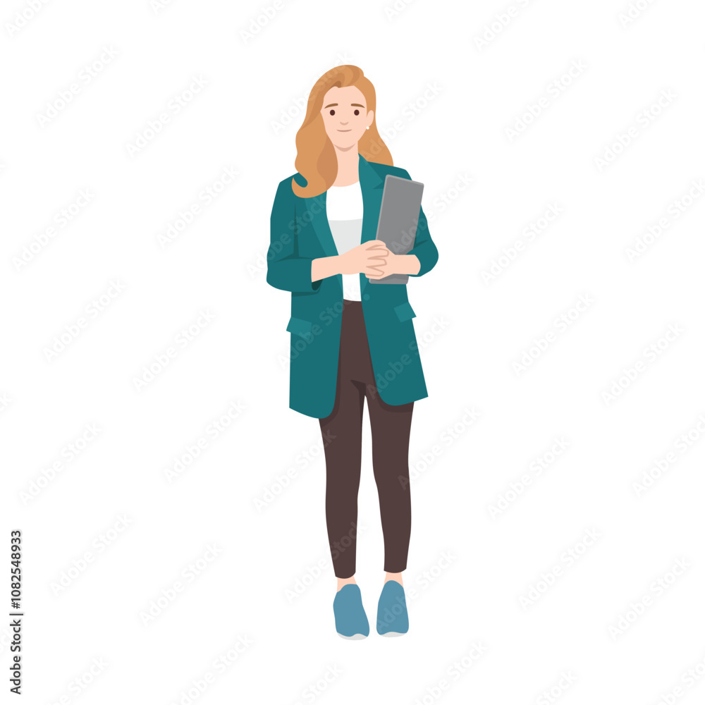 Business woman holding clipboard. Flat vector illustration isolated on white background Business woman holding clipboard. Flat vector illustration isolated on white background