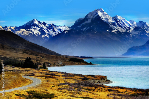 Mount Cook and Lake Tekapo, New Zealand. Scenic autumn landscape with snow covered mountains. Mount Cook National Park photo