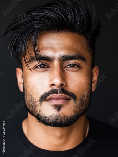 Portrait of a young Pakistani man with a beard with a thoughtful expression, soft studio lighting on a dark background