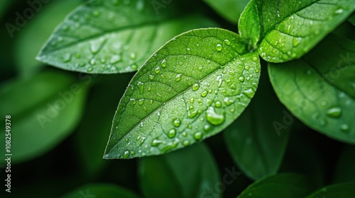 Close-up of a leaf with natural raindrops attached to it, giving it a moist feel.