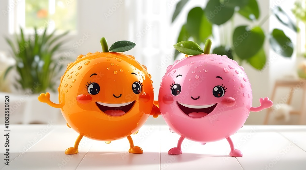 Cheerful Orange and Pink Fruit Characters with Water Drops - Playful and Friendly 3D Illustration