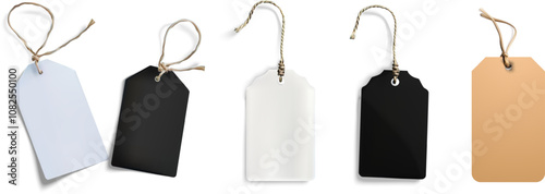 Set of blank hanging tags in various colors with strings, ideal for labeling, pricing, and branding concepts labels, and price tags on a transparent background. Realistic mockup price tag.