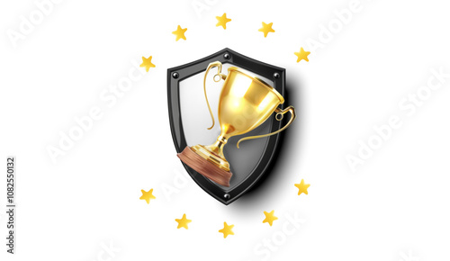 Gold trophy cup on shield background with surrounding stars, symbolizing achievement, honor, and excellence. Vector illustration