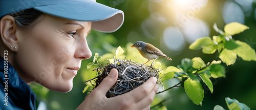 Biologist carefully inspects bird nests to support avian conservation efforts photo