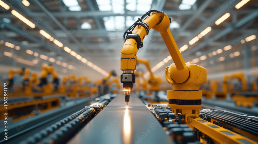 yellow industrial robotic arm welding steel panels in factory setting, showcasing advanced automation technology and precision. scene is filled with other robotic arms in background, emphasizing high yellow industrial robotic arm welding steel panels in factory setting, showcasing advanced automation technology and precision. scene is filled with other robotic arms in background, emphasizing high