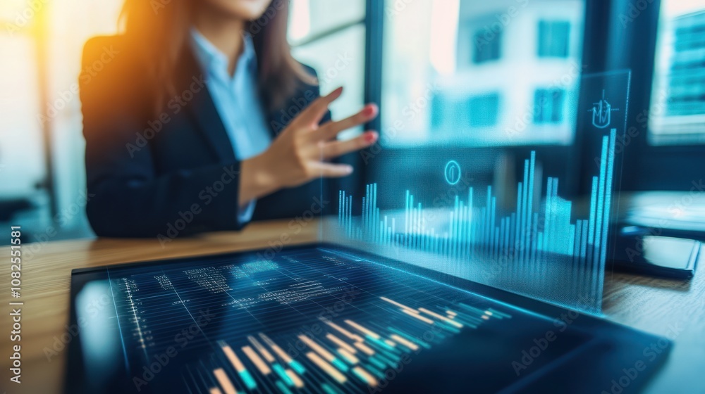 Business professional interacting with data visualization technology. Business professional interacting with data visualization technology.