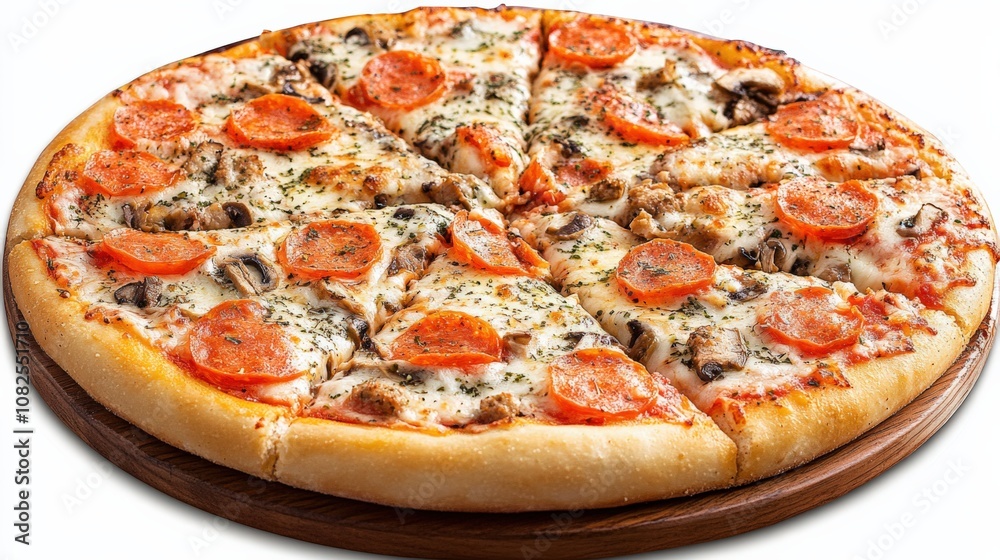 Delicious Pepperoni and Mushroom Pizza on a Rustic Wooden Board
