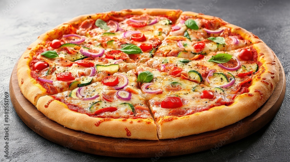 Delicious Freshly-Baked Vegetable Pizza on Rustic Wood Board Delicious Freshly-Baked Vegetable Pizza on Rustic Wood Board