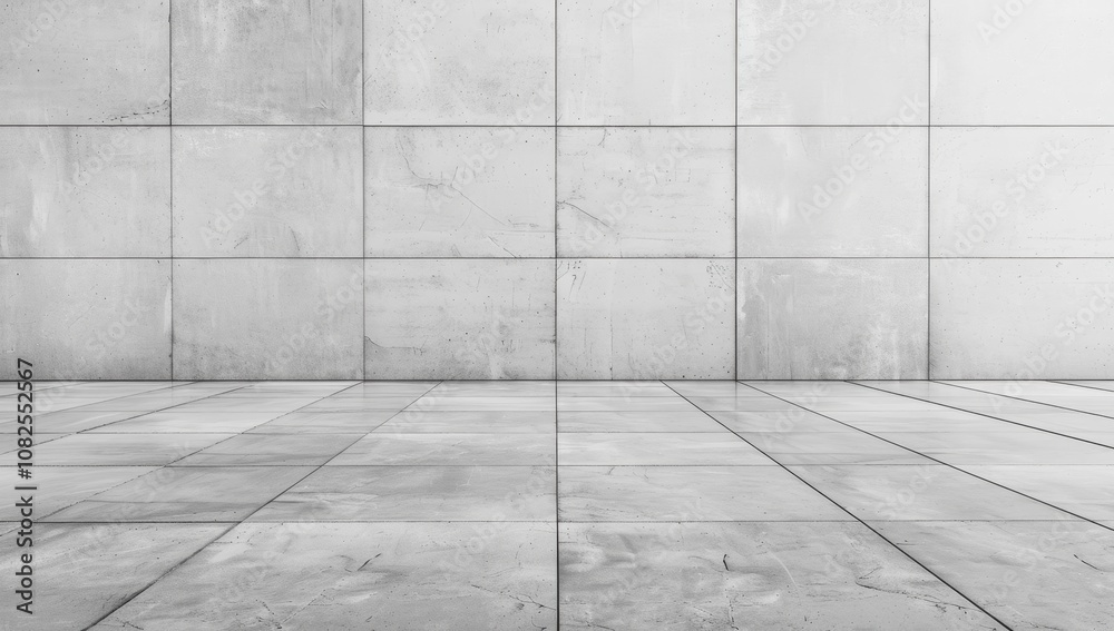 3D rendering of a spacious room with concrete walls and tiled floor 3D rendering of a spacious room with concrete walls and tiled floor