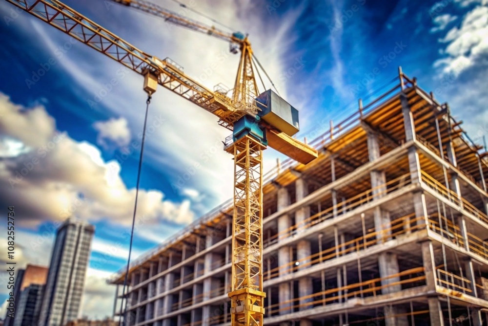 Fototapeta premium Tower crane at a building construction site, building under construction