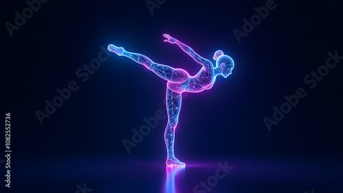 A striking glowing silhouette of an individual skillfully performing a handstand against a contrasting dark background, creating an impressive visual effect