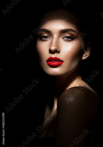 Dramatic portrait of woman with red lips in low light with shadows