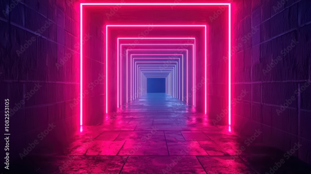 A vibrant neon-lit corridor featuring pink and blue lights, creating an immersive tunnel effect with illuminated edges and a stone floor. A vibrant neon-lit corridor featuring pink and blue lights, creating an immersive tunnel effect with illuminated edges and a stone floor.