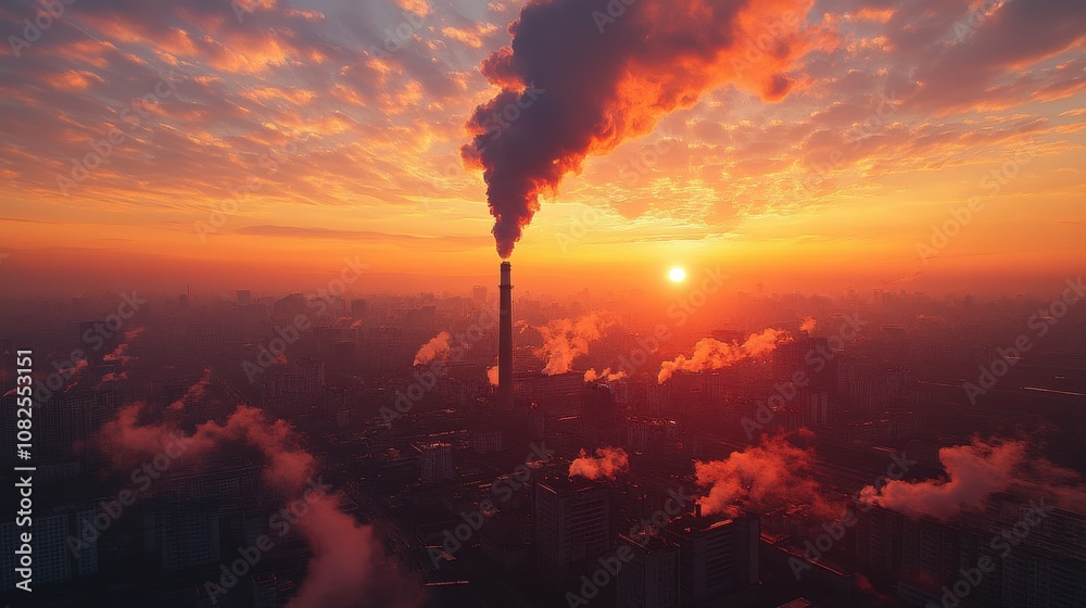 Fototapeta premium Smoky industrial chimneys against an orange sky, symbolizing pollution and greenhouse gas emissions. Thick clouds of smoke billow upwards, filling the air with toxic particles, emphasizing environment