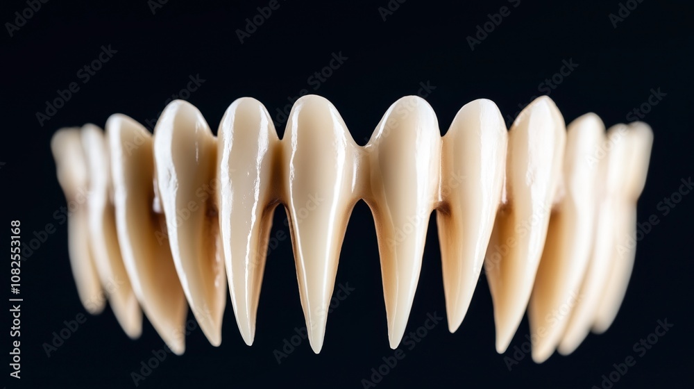 Close-up view of a row of sharp animal teeth in a circular formation against a dark background Close-up view of a row of sharp animal teeth in a circular formation against a dark background