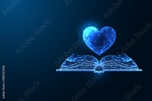 Glowing AI heart floats above open book on dark blue background.Creativity, and futuristic learning