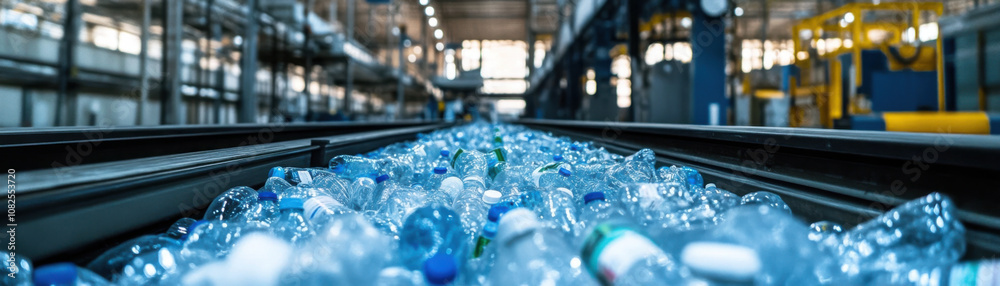 Recycling facility with plastic bottles on conveyor belt, showcasing importance of waste management and sustainability in modern industry