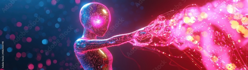 Interactive ai figure engaging with humans digital space futuristic art neon environment close-up view technology concept Interactive ai figure engaging with humans digital space futuristic art neon environment close-up view technology concept
