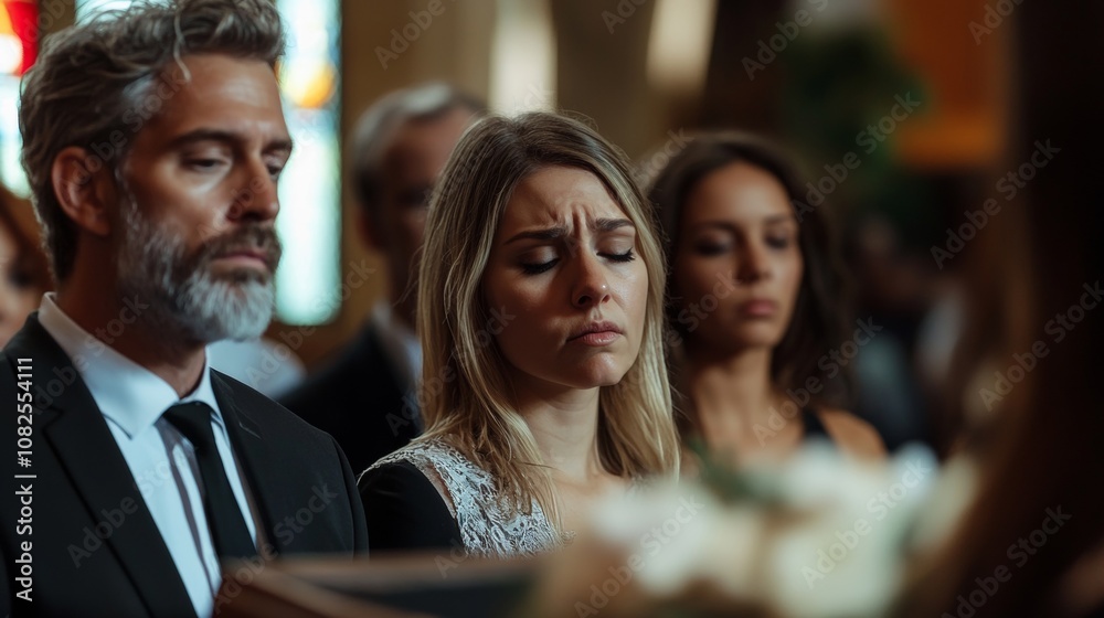 Funeral Scene with Family Touching Casket Surrounded by Flowers in Remembrance Funeral Scene with Family Touching Casket Surrounded by Flowers in Remembrance