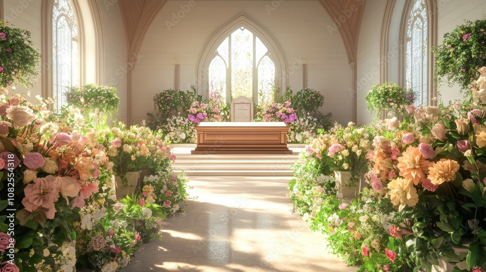Elegantly Decorated Funeral Chapel with Floral Arrangements Soft Natural Light Elegantly Decorated Funeral Chapel with Floral Arrangements Soft Natural Light