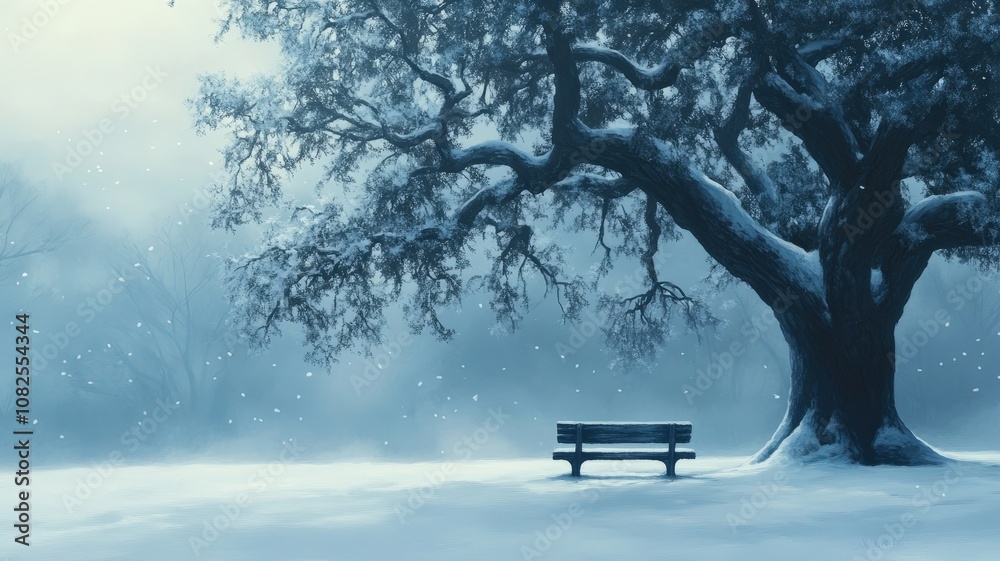 Serene winter scene snow-covered park bench beneath a majestic oak tree tranquil nature setting atmospheric perspective Serene winter scene snow-covered park bench beneath a majestic oak tree tranquil nature setting atmospheric perspective