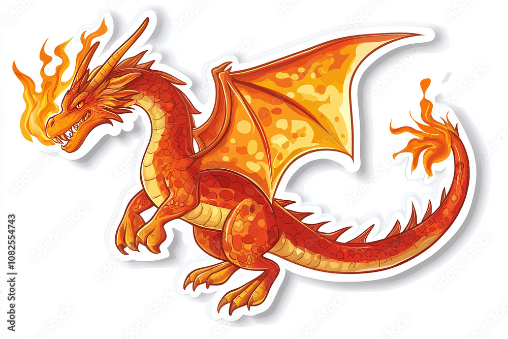 Obraz premium Flat cutout vector sticker of fantastical dragon with fiery breath, isolated on white background.