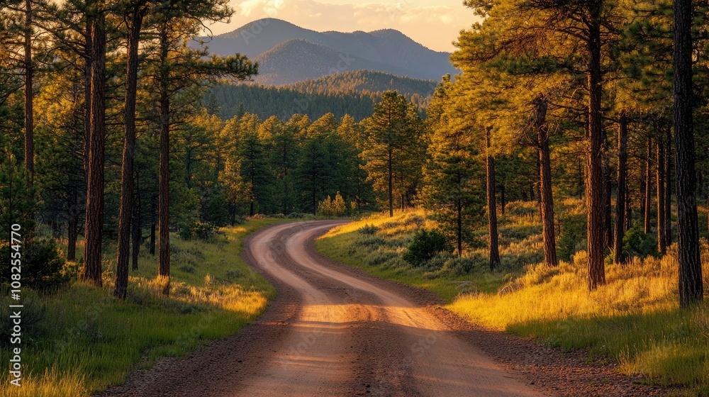 Obraz premium Golden Sunset Over a Forest Road with Mountains in the Distance, Ideal for Travel, Adventure, Nature Exploration, and Serenity-Themed Stock Photography