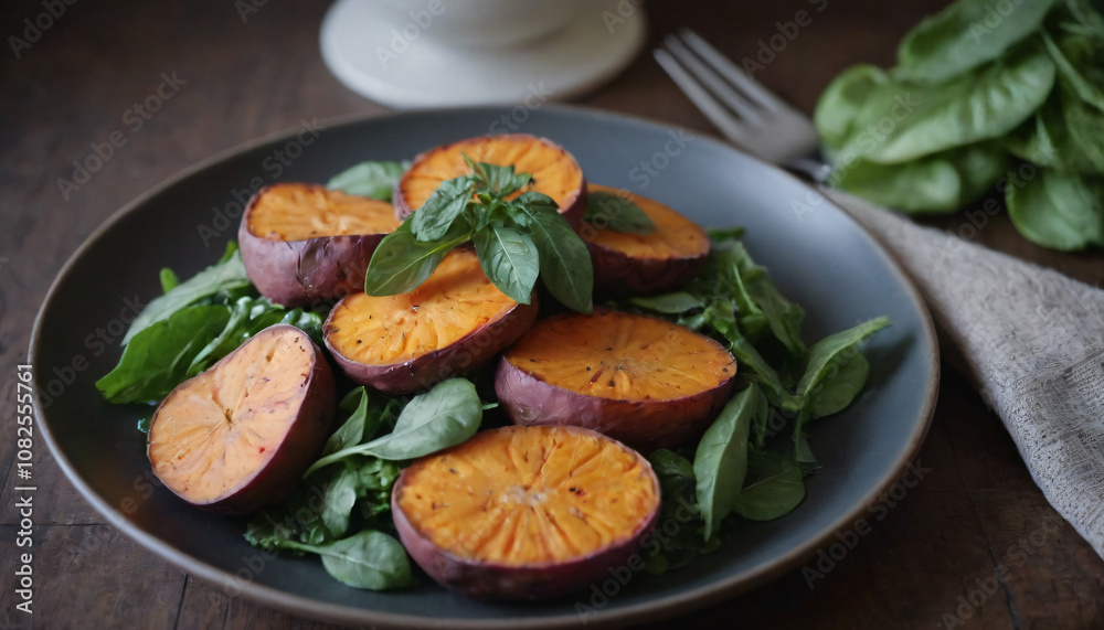 Roasted sweet potato slices on a bed of fresh spinach leaves garnished with basil on a dark plate Roasted sweet potato slices on a bed of fresh spinach leaves garnished with basil on a dark plate