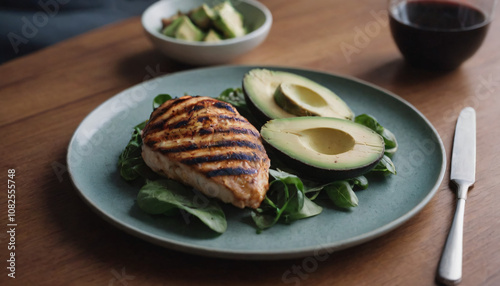 Grilled chicken breast served with avocado halves and spinach on a green plate