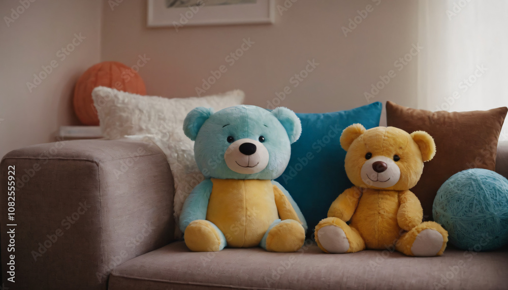 Two adorable teddy bears in blue and yellow sitting on a cozy sofa with colorful cushions Two adorable teddy bears in blue and yellow sitting on a cozy sofa with colorful cushions