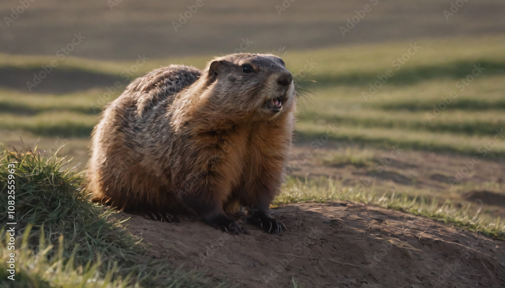 Curious groundhog emerging from its burrow on a grassy field in warm sunlight Curious groundhog emerging from its burrow on a grassy field in warm sunlight