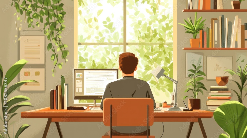 Serene Home Office: Sunlight Streaming Through Window, Person Working at Desk with Plants Serene Home Office: Sunlight Streaming Through Window, Person Working at Desk with Plants