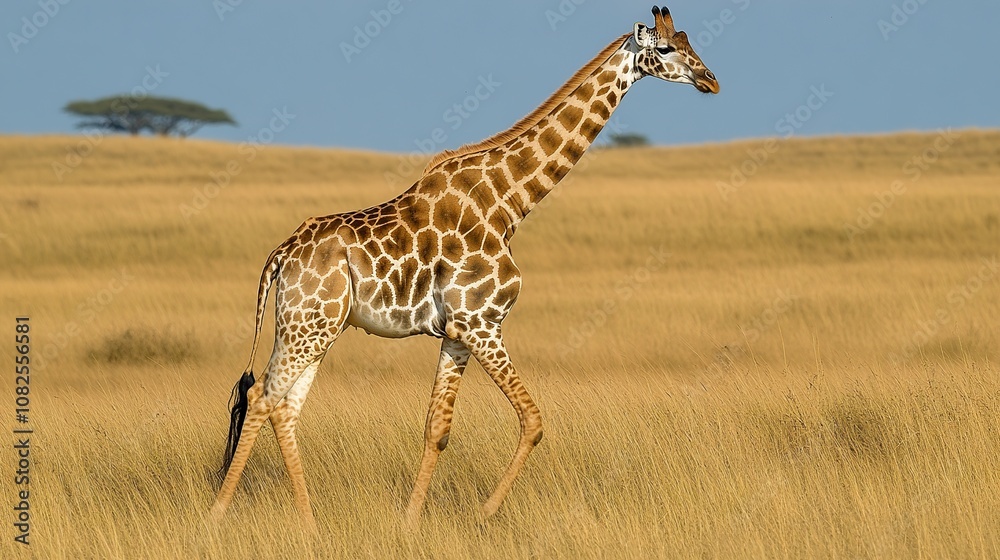 A lone giraffe walks through the African savanna A lone giraffe walks through the African savanna